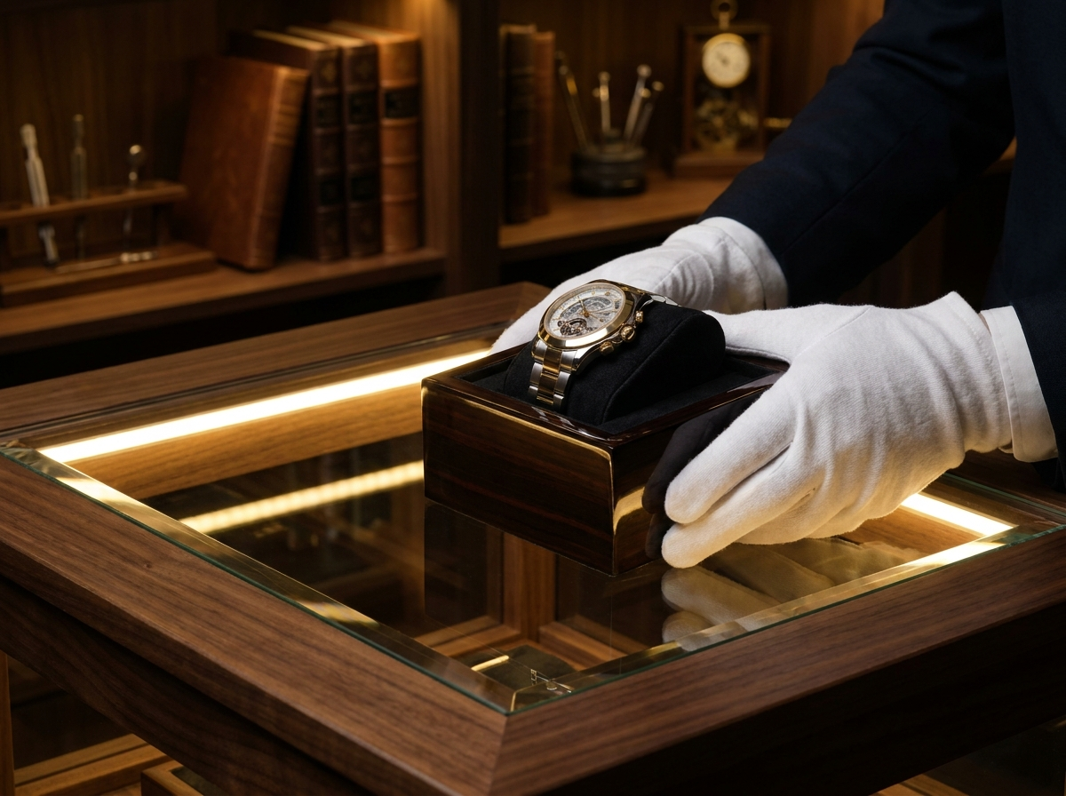 Expert watch dealer examining a luxury timepiece at Pristine Watches London